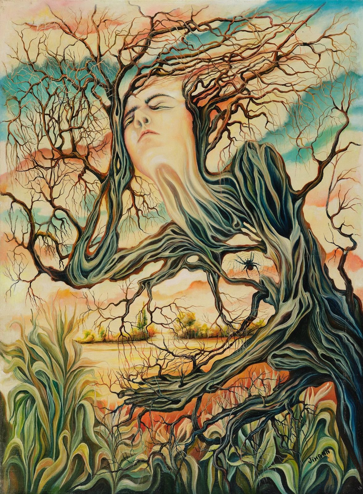 A face emerging from the branches of a lone tree. Love and Nature, plate 3, by Mikael Jihann