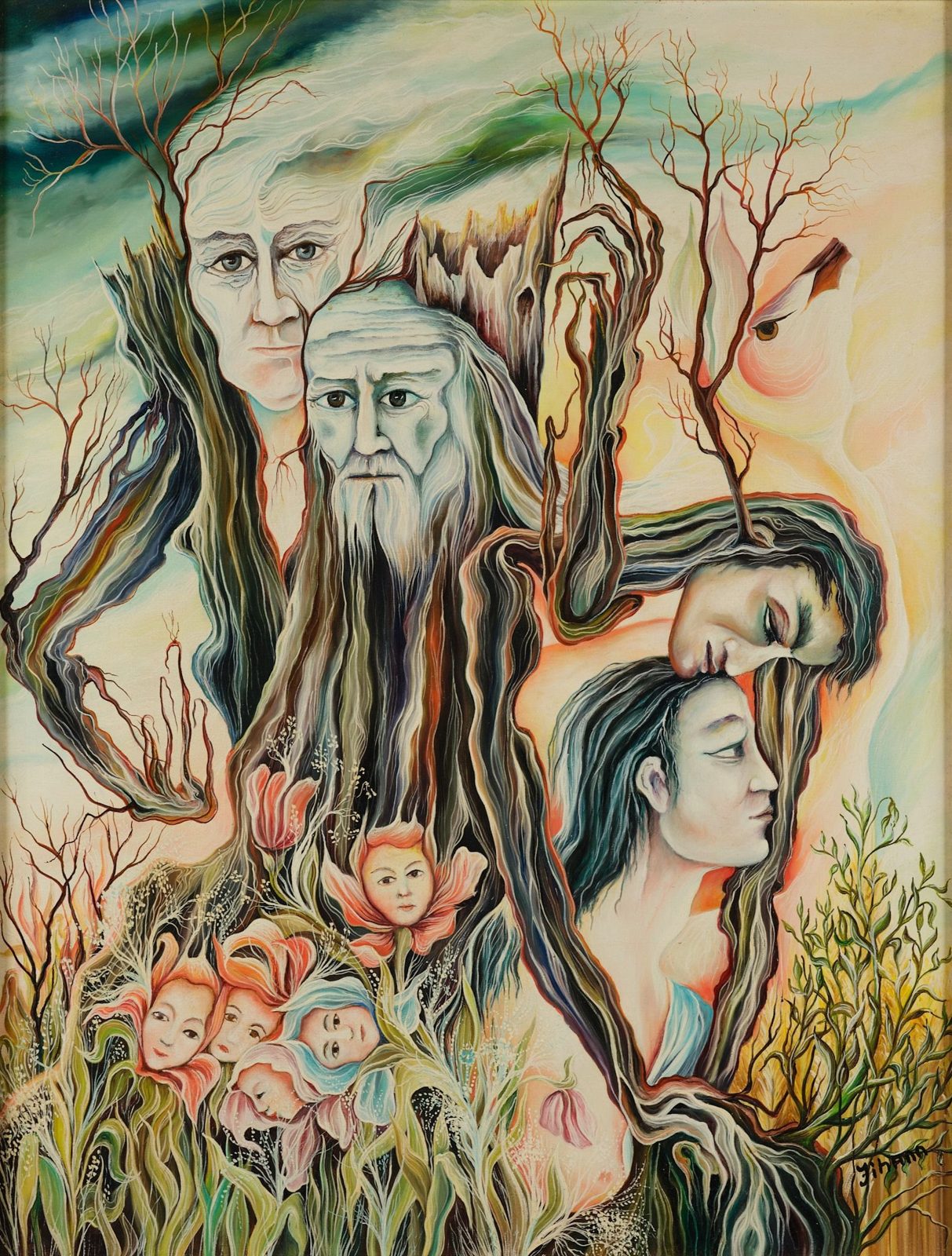 Faces and figures growing from a gnarled trunk. Love and Nature, plate 4, by Mikael Jihann