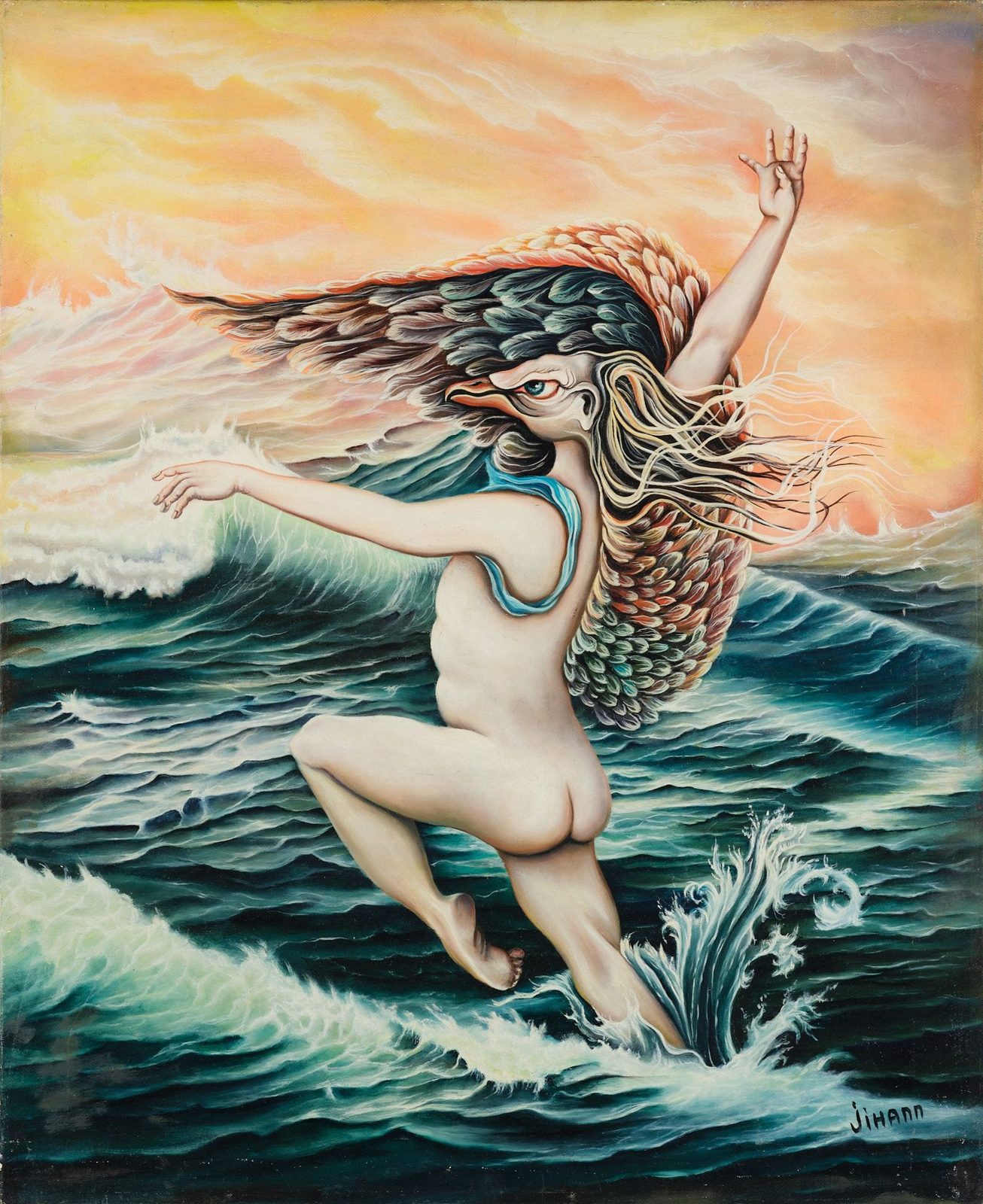 A nude woman leaping from crashing waves. Love and Nature, plate 6, by Mikael Jihann