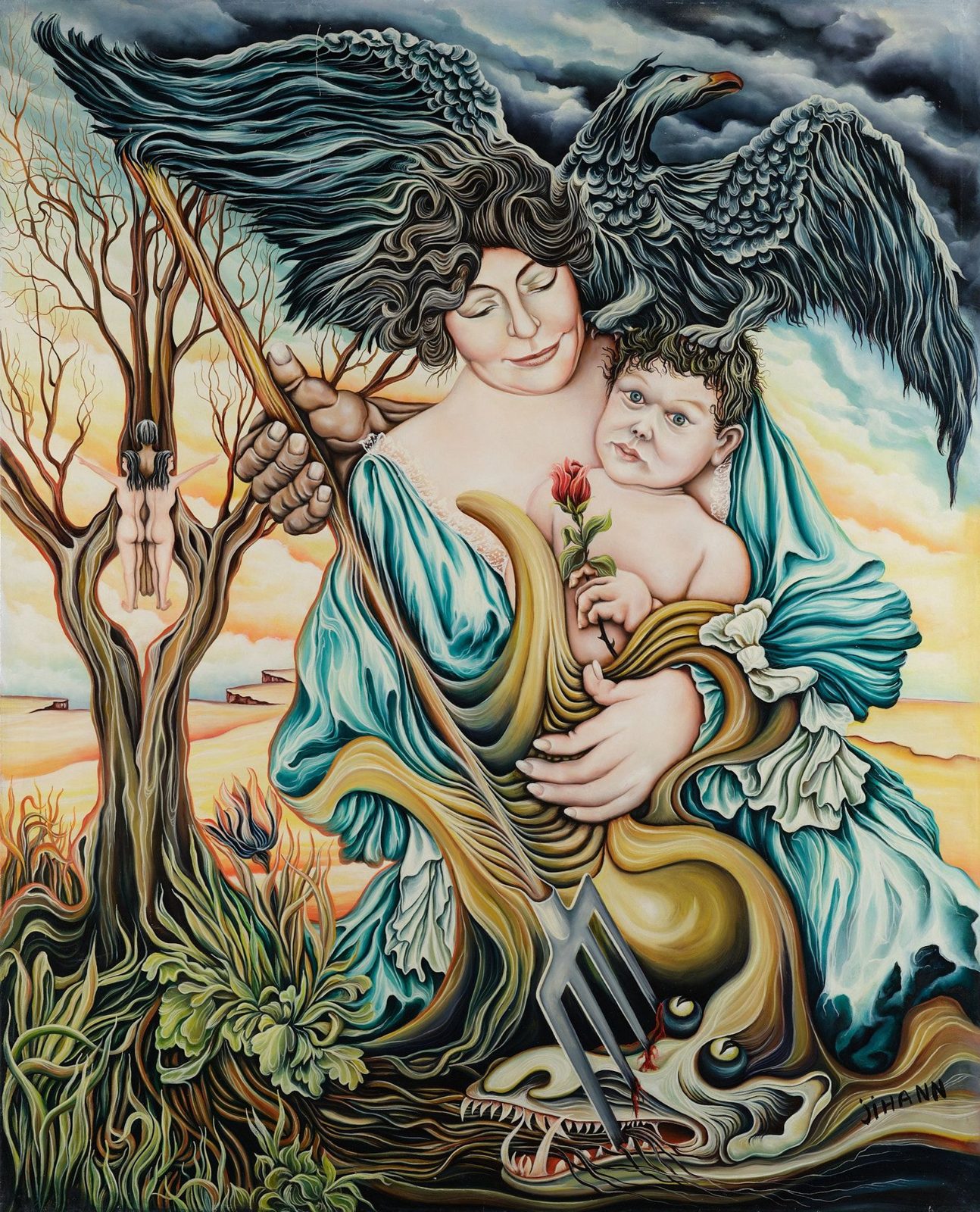 A mother and child sheltered beneath dark wings. Love and Nature, plate 7, by Mikael Jihann