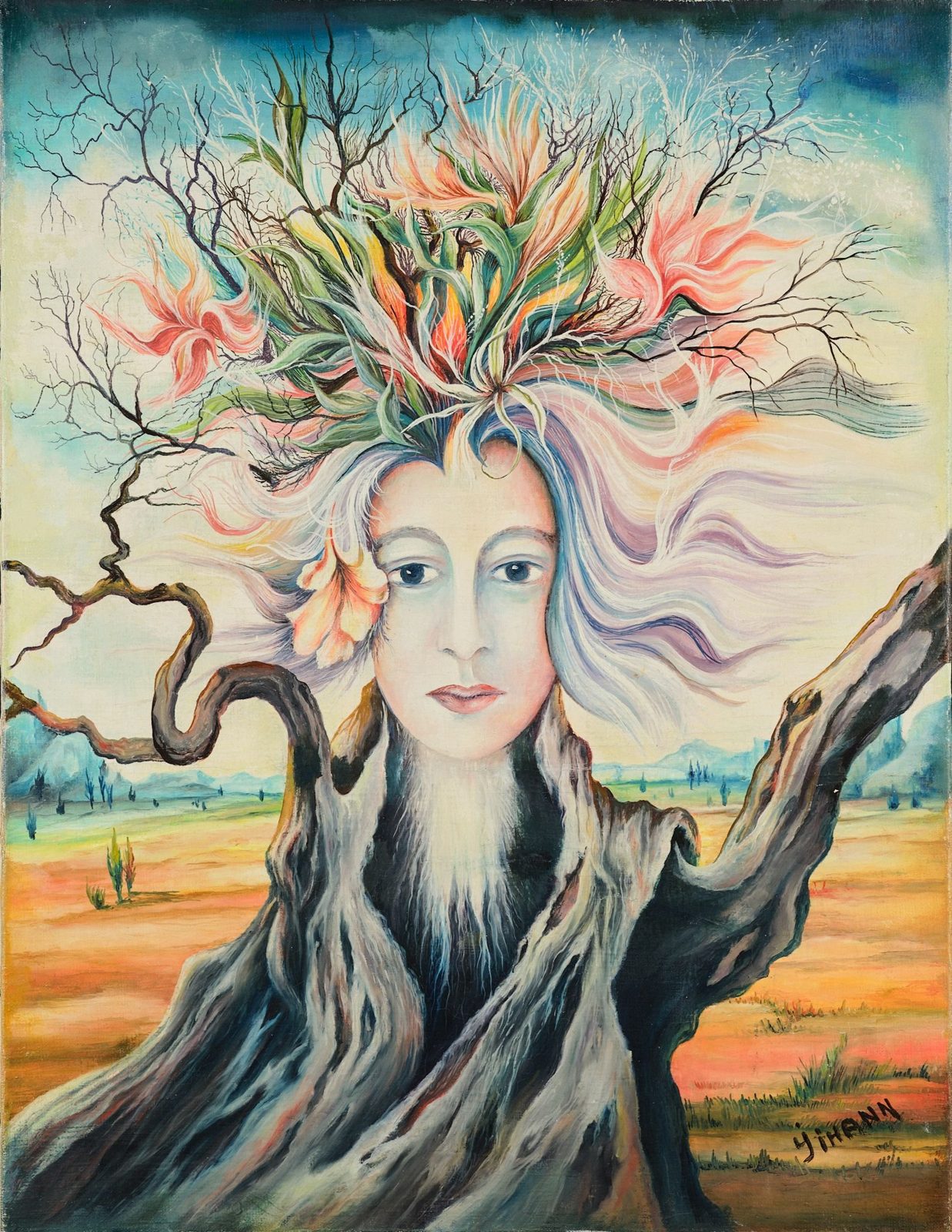 A tree-woman crowned with blossoms. Love and Nature, plate 9, by Mikael Jihann