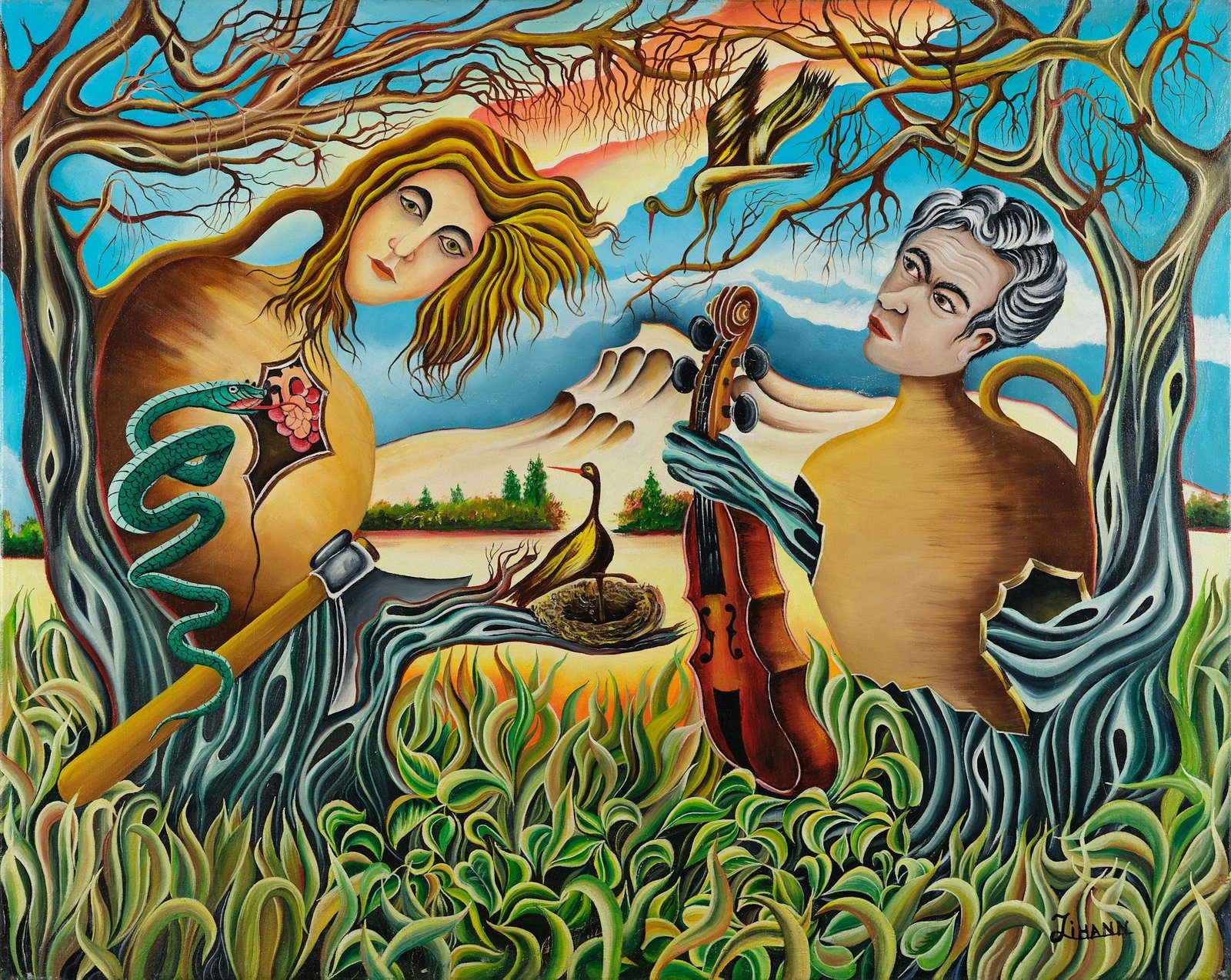 Two musicians among trees, a violin between them. Love and Nature, plate 15, by Mikael Jihann