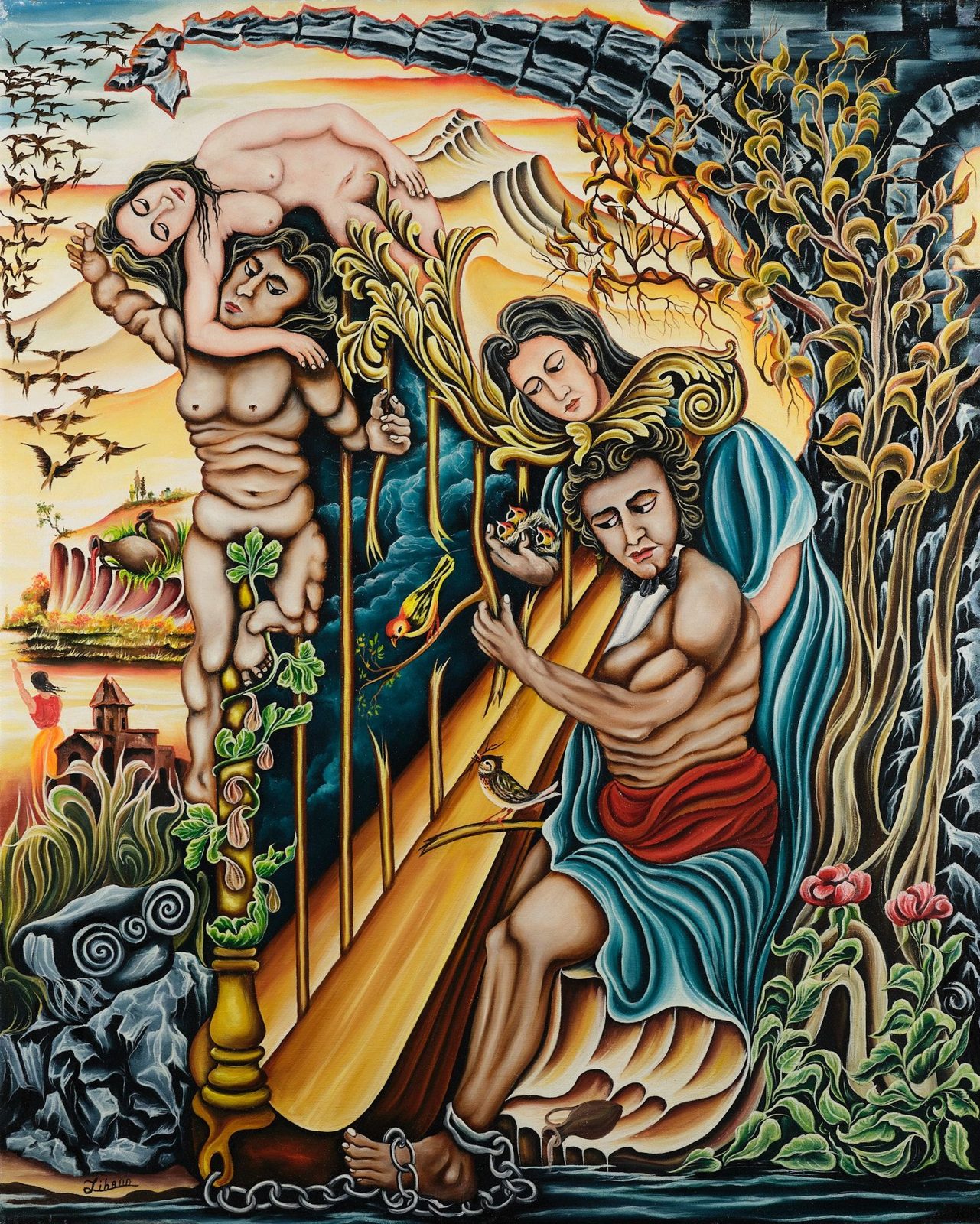 Figures intertwined around a golden harp. Love and Nature, plate 16, by Mikael Jihann