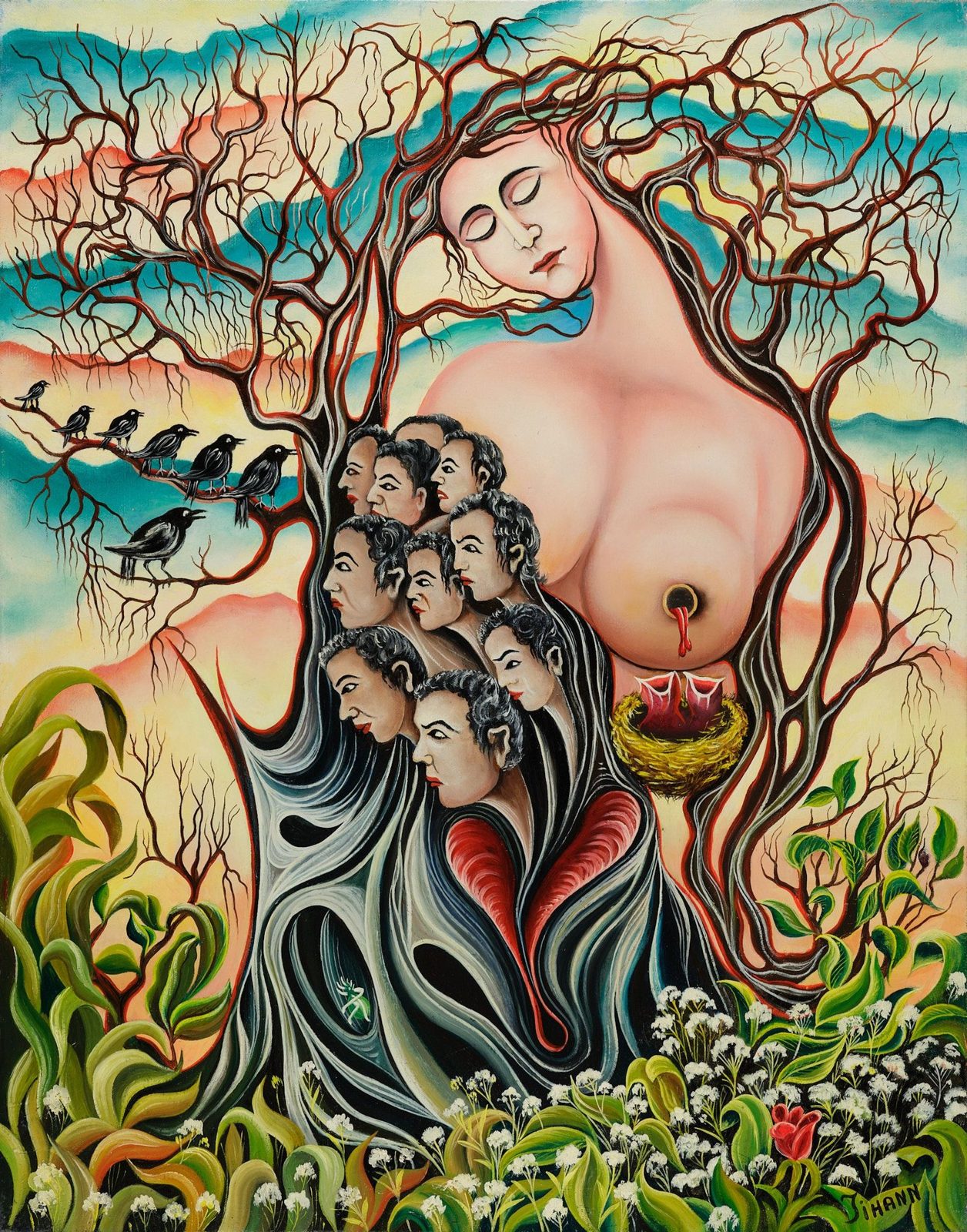 A pale figure among faces and blossoms. Love and Nature, plate 18, by Mikael Jihann