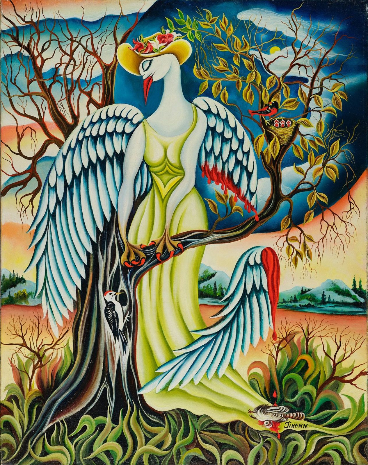 A winged figure in green standing among birds. Love and Nature, plate 22, by Mikael Jihann