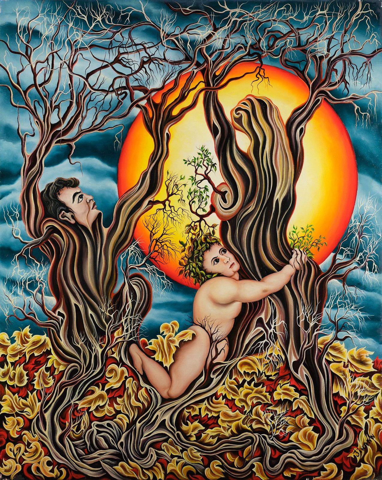 Two figures embracing in trees against a red sun. Love and Nature, plate 23, by Mikael Jihann