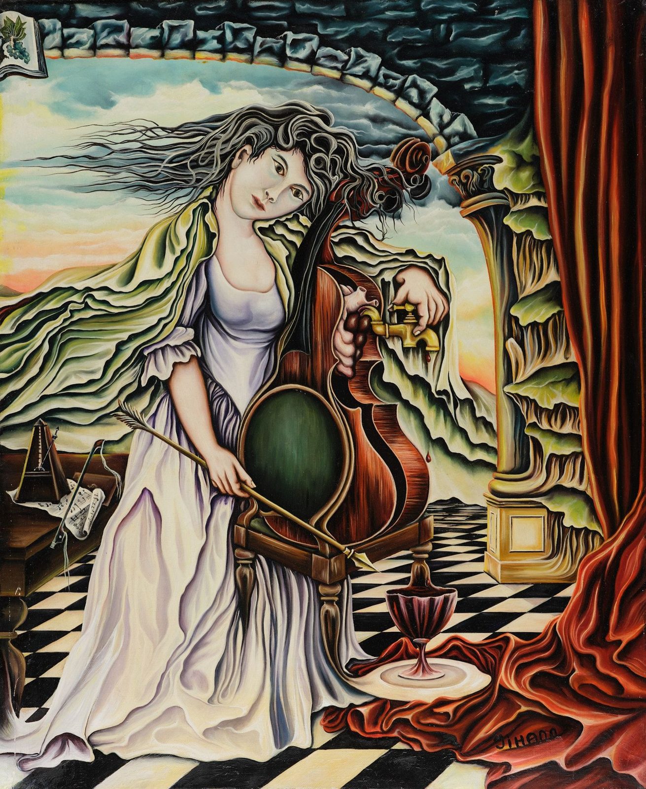 A woman in a white gown playing a cello beside an open archway. Me and You, plate 9, by Mikael Jihann