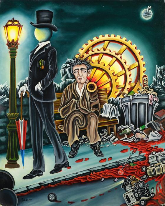 A faceless man in a top hat under a street lamp beside a seated figure and a glowing golden clock. Surrealism, plate 12, by Mikael Jihann