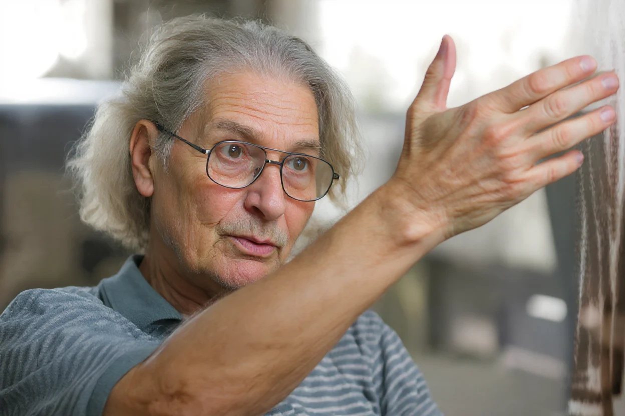 Mikael Jihann in later life, speaking with one hand raised